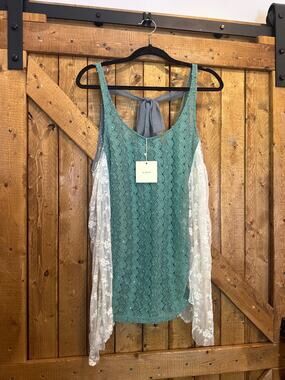 NWT A’reve tank top lace boho western gypsy fairy floral embroidered teal cream